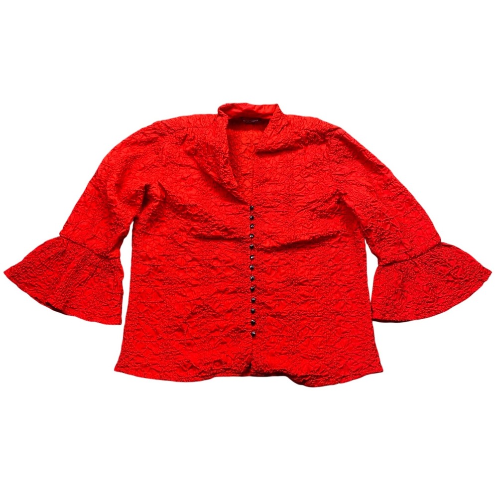 Go Silk Red Crinkle Cotton Button Front Top Tiered Bell Sleeve Blouse Large